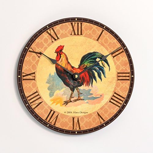 Vintage French country rooster design 10 inch kitchen wall clock. Colorful rooster tan and brown background.