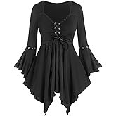 ROSE GAL Rosegal Women Plus Size Gothic Flare Sleeves Lace-up Two Tone Handkerchief Tee Halloween Costume Bell Sleeves Top