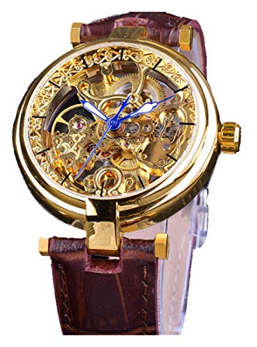Skeleton Automatic Steampunk Watches Gold-Tone Luminous Hands Leather Strap Wrist-Watch (Gold)