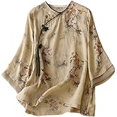 Summer Hanfu Cotton-Ramie Loose Blouse 3/4 Sleeve Chinese Clothes with Chinese Frog Button Tops A10