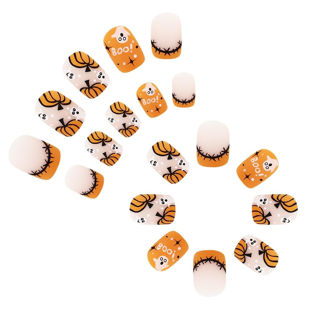 Short Square Press on Nails Halloween Pumpkin Fake Nails Orange French Tip Acrylic Nails Press on Matte False Nails with Ghost Patch Designs Glue on Nails Short Artificial Nails for Women 24PCS - Image 4