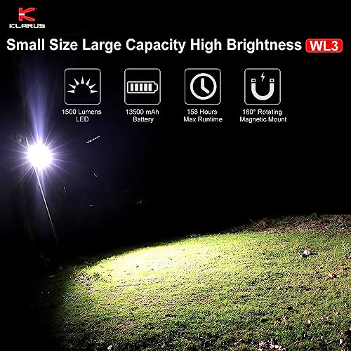 KLARUS WL3 Camping Lamp, 13500 mAh High-Capacity Rechargeable Work Light, 1500 Lumen Camping Lantern, 6 Modes, Magnetic Base, Hook Function, Night Fishing, Emergency, Workshop, etc.