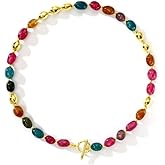 NVWAROCK Beaded Necklace for Women, Colorful Gemstone Choker, 14K Gold Plated Stackable Handmade Necklace Oval Stone Jewelry Gift