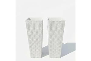 All-Weather White Rattan Planter Set of 2, Two 24" Tall Outdoor Plant Pots, Removable Liners, Drainage Holes, Garden Flower P