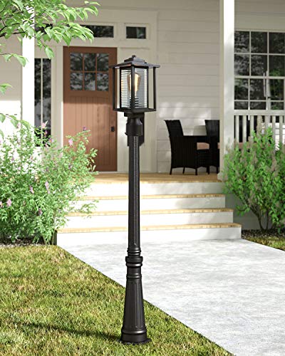 JAZAVA Outdoor Post Light Fixture One-Light, Exterior Post Lantern LED Street Light for Patio with 3-Inch Pier Mount Base, Black Finish with Ribbed Glass - Thumbnail 7