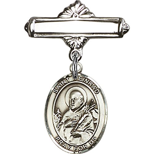 Sterling Silver Baby Badge with St. Meinrad of Einsideln Charm and Polished Badge Pin 1 X 5/8 inches