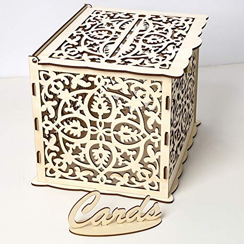dezirZJjx Wooden Cards Box, DIY Wedding Gift Cards Box Party Decoration Hollow Case Holder with Lock - Thumbnail 7