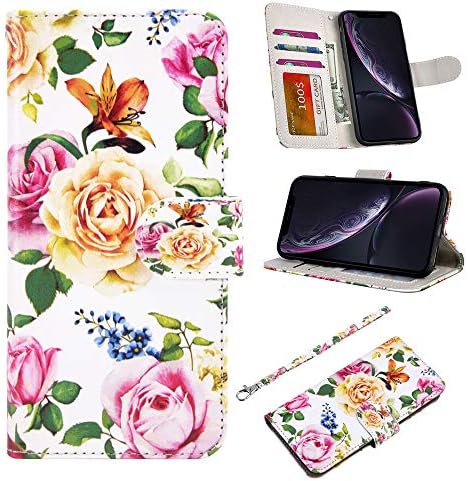 RusseryPek iPhone XR Case Wallet Folio Flip Premium PU Leather Cover with Card Holder Slot Pockets,Wrist Strap,Kickstand,Magnetic Closure for iPhone XR 6.1 inch (2018),Colorful Flower