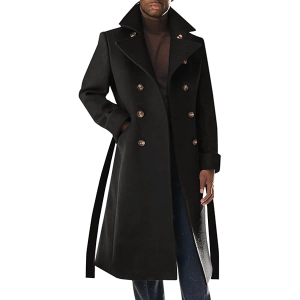 Mens Trench Coat Notched Lapel Single Breasted Belted Long