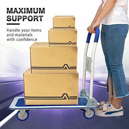 Push Cart Dolly by Wellmax, Moving Platform Hand Truck, Foldable for Easy Storage and 360 Degree Swivel Wheels with 330lb Weight Capacity, Blue Color