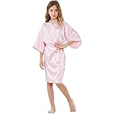 ALHAVONE Girl's Kid's Silky Satin Solid Color Short Kimono Robe for Wedding Birthday Party Spa