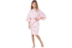 ALHAVONE Girl's Kid's Silky Satin Solid Color Short Kimono Robe for Wedding Birthday Party Spa