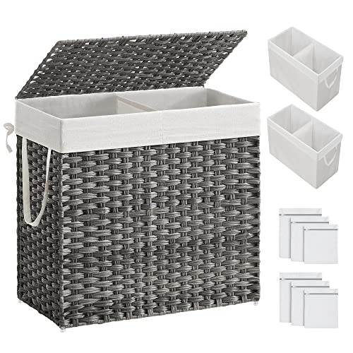 SONGMICS Cesto de la Ropa,130 L,Cesto de Lavandería,Tejido a Mano,con Compartimentos Separados,con Tapa y Asas,Ratán Sintético,Plegable,Bolsa de Forro Extraíble,Gris MLCB253G01.