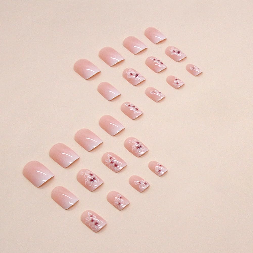 RUPOFUZA Acrylic Press on Nails Short Square Fake Nails White Ombre Glue on Nails Short False Nails with Flower Gloss Designs Nails Press on Artificial Nails Stick on Nails for Women 24Pcs - Image 3