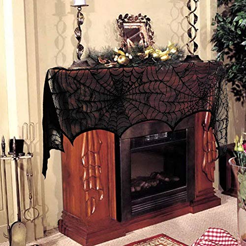 DegGod Black Lace Spider Webs Halloween Decorations, 18 x 96 inches Fake Spiderweb Cobweb Fireplace Mantle Scarf Cover for Home Halloween Party Decoration Props