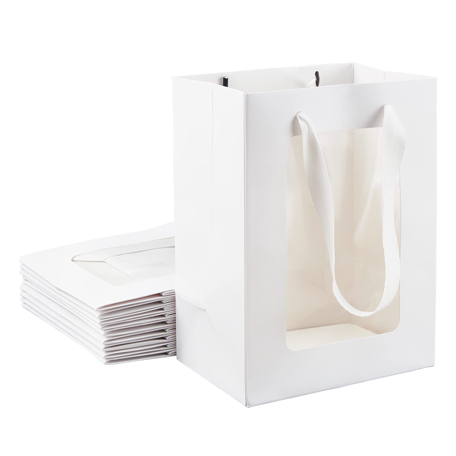 BENECREAT 10 Packs White Kraft Paper Bag with Window 20x15x10cm Gift Wrapping Bags with Clear Window for Wedding Decoration Candy Gift Packing