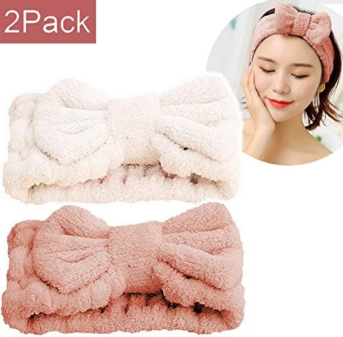 SweetCat Microfiber Bowtie Headbands, Extrame Soft & Ultra Absorbent, Comfort to Makeup Wash Spa Yoga Shower Facial Hair Band for Girls and Women (Coral Pink+White)