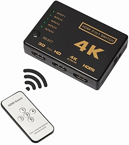HDMI Splitter, HDMI Switch, WINONE 5-Port Intelligent High Speed HDMI Switcher Box with IR Remote 5 IN to 1 OUT Automatic Port Switching Support Full HD 4K 1080P 3D Video Player