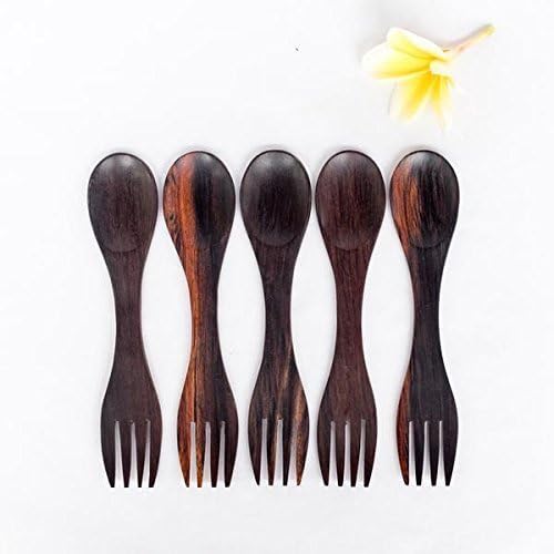 Bali Harvest Set of 5 Handmade Wooden Sporks | Indian Rosewood Sono | Eco Friendly | Eating Spoons and Forks | Salad Server | Cereal Smoothie Spoons | Vegan Gift