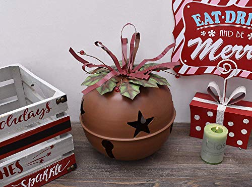 Red Metal Hanging Jingle Bell Decoration Set of 2 Rustic Cut-outs Star Metal Xmas Decorative Jingle Bell Ornament ,Metal Ribbon Festive Rustic Holiday Jingle Bell Christmas Tree Sled Deco (Medium)