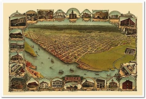 Antiguos Maps Eureka, Humboldt County California circa 1902 | Birds Eye View Art Print Poster Vintage Wall Decor | 24 x 36 inches (610 x 915 mm)