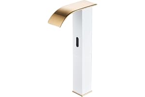 YCCUZA Touchless Bathroom Vessel Faucet Electronic Sensor Automatic Waterfall White Gold Bathroom Faucets Hands Free Water Saving One Hole Bowl Sink Faucet Motion Sensor Lavatory Vanity Deck Mounted