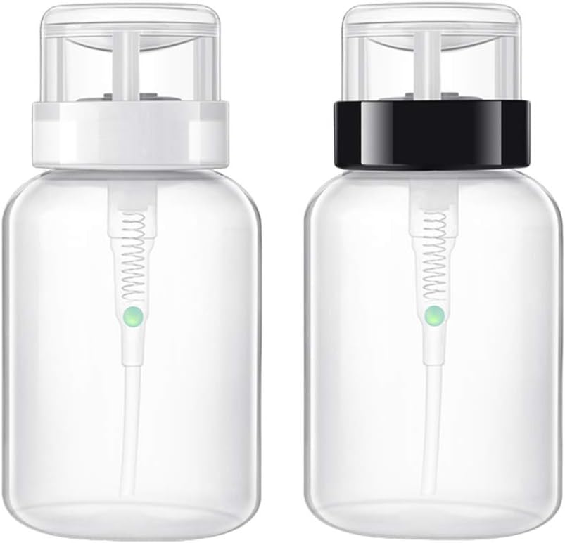 Minkissy 2pcs Push Down Bottle 200ml Lockable Nail Polish Remover Bottle Portable Pump Liquid Dispenser (Black Neck and White Neck)