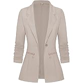 Genhoo Women's Long Sleeve Blazer Open Front Cardigan Jacket Work Office Blazer with Zipper Pockets