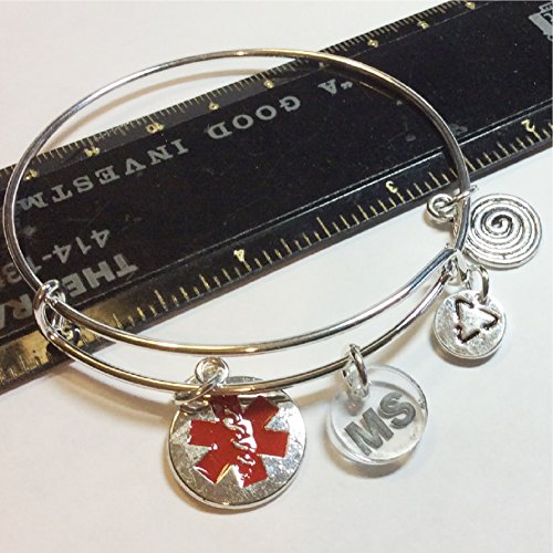 MS Patient, Medical Alert Bangle, Acrylic & Metal Charms, emergency warning Multiple Sclerosis jewelry