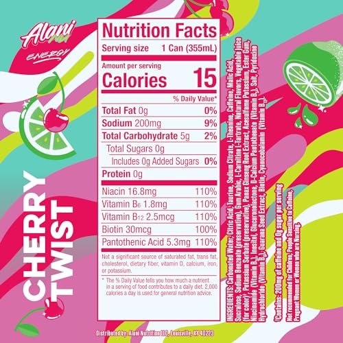 ALANI NU CHERRY TWIST, SUGAR FREE, LOW CALORIE ENERGY DRINKS, 200MG CAFFEINE, BIOTIN, B VITAMINS, ZERO SUGAR, 15 CALORIES, 12 FL OZ CANS, 24 PACK