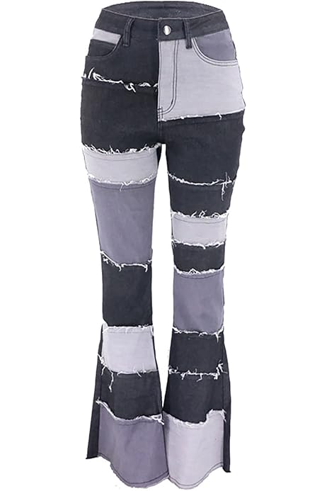 Aodrusa Women Patch Flare Jeans Bell Bottom Raw Hem Denim Pants Blue US 0-2  : Amazon.ca: Clothing, Shoes \u0026 Accessories