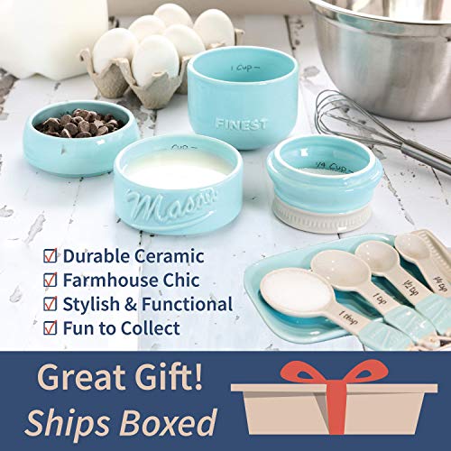 Mason Jar Kitchen Utensil Set - Includes Measuring Cups + Spoon Rest + Measuring Spoons (Blue)