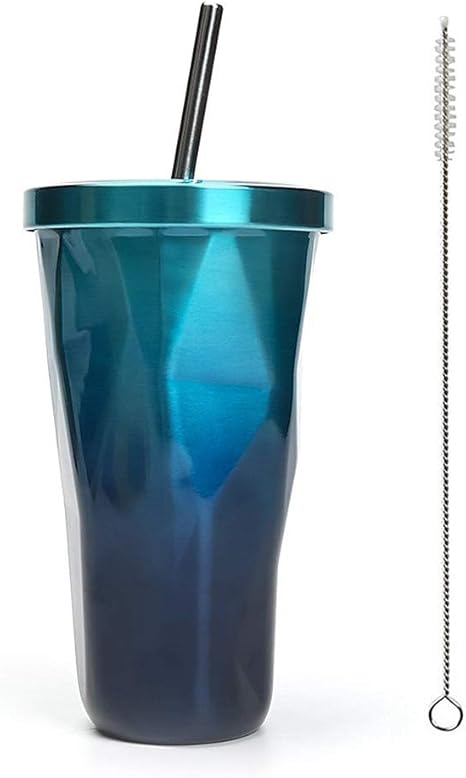 Amazon Com Travel Coffee Cup With Straw Insulated Tumbler Gradient Stainless Steel Mug Office Cold Cup Car Drinking Cups Water Bottle 16oz 473ml All Seasons Available Blue Kitchen Dining