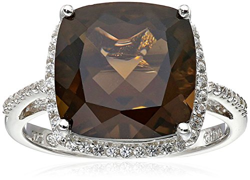 Sterling Silver Genuine Smoky Topaz Cushion Cut 12mm and Created White Sapphire Halo Ring, Size 7