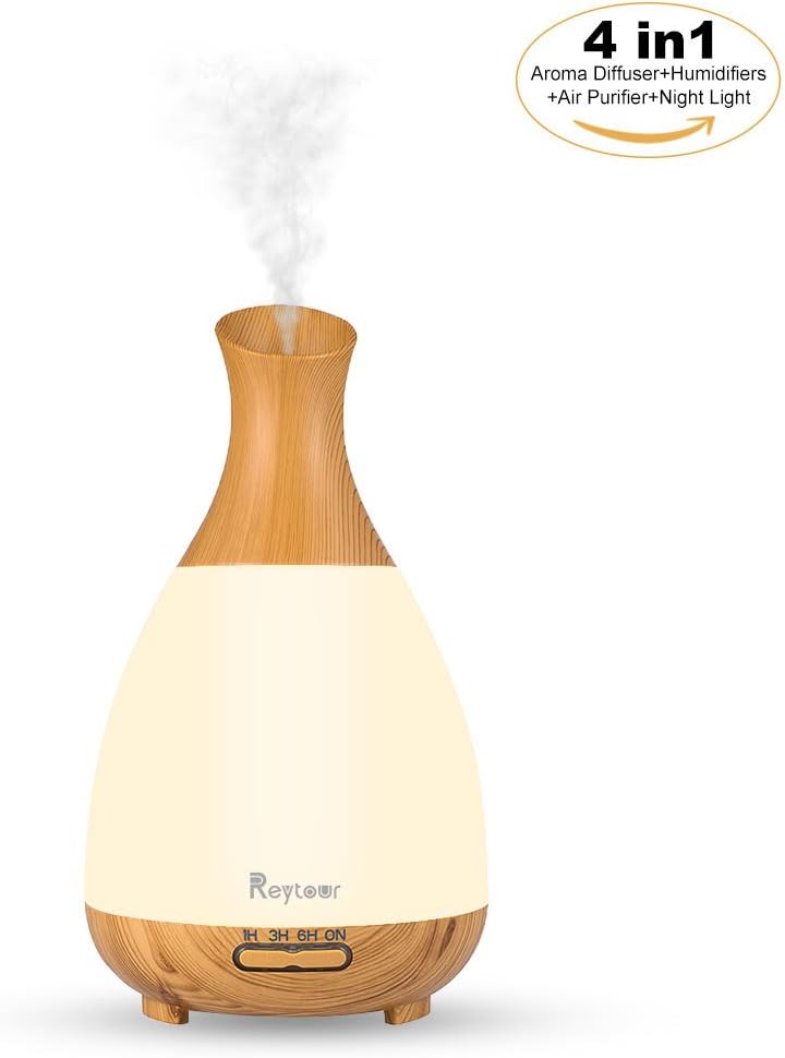 Essential Oil Diffusers, Reytour 200ml Ultrasonic Humidifier Wood Grain Cool Mist Aromatherapy Diffusers Air Purifier with 7 Colors Lamp Nightlight