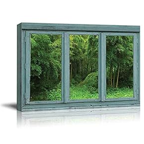 Vintage Teal Window Looking Out Into a Green Jungle with a Path - Canvas Art Home Art - 24x36 inches