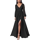 firfig Women Mesh Deep V Neck Open Back Sheer Long Sleeve Slit Leg Bridesmaid Maxi Dress Cocktail Party Wedding Guest Dresses