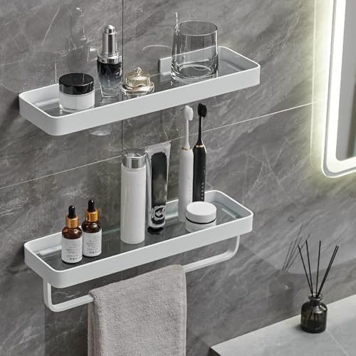 40 CM Wall Mounted Shower Shelves, 2 Tier Bathroom Caddies with Towel Bar, Tempered Glass Floating Shelf, White Bathroom Wall Organizer