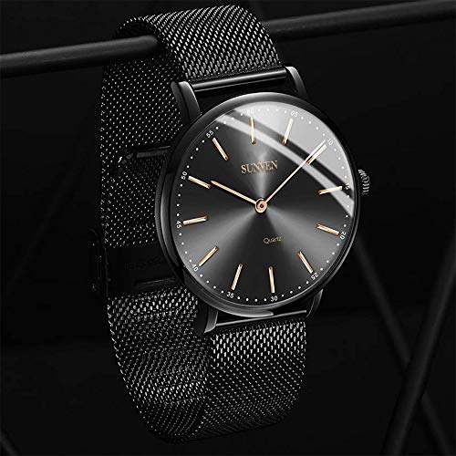 Mens Watches Steel Waterproof Quartz - SUNVEN Super Thin Slim Big Case 47mm for European Size Stainless Steel Strap Analog Gift Adjust Bracelet Tool (47, Black)