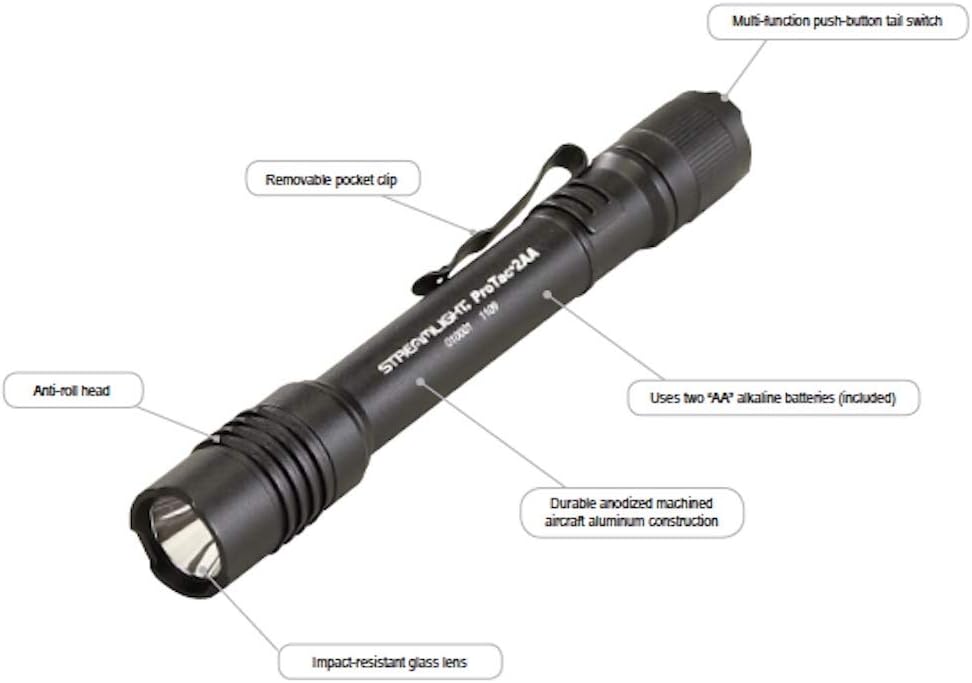 Streamlight 88033 ProTac 2AA 250 Lumen Professional Tactical Flashlight with High/Low/Strobe w/ 2 x AA Batteries - 250 Lumens - Basic Handheld Flashlights - 