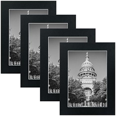 Mat Board Picture Frames - Multi Pack Frame Set 4pc . Wall gallery photo collage artwork and flat low profile kit BLACK. No Nails Required. Hanging strips included. (5x7)