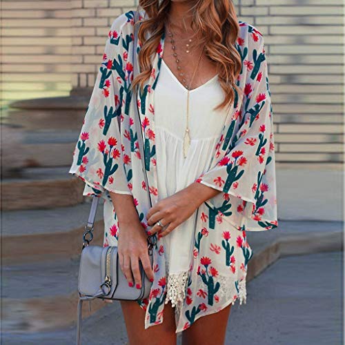 HTDBKDBK Kimono Cardigan for Women Women Tops Summer Cactus Print Flare Sleeve Half Sleeved Cardigan Tops White