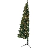 Home Heritage 7 Foot Pre-Lit Artificial Half Pine Christmas Tree with Warm White LED Lights and Folding Stand