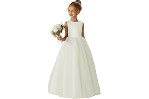 Amatesay Elegant O-Neck Flower Girl Dress for Wedding Girl's Pearls Formal First Communion Dresses with Bowknot