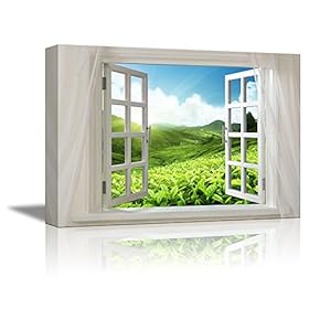 Glimpse into Tea Fields on The Mountains in Summer Out of Open Window - Canvas Art Wall Art - 24" x 36"