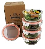 [4 Pack] Medium 21oz - Round Glass Meal Prep Container with Easy Snap Lids - Food Storage Containers - Portion Control for Keto, DASH, Mediterranean - Free Maria Emmerich Keto Cookbook Sample