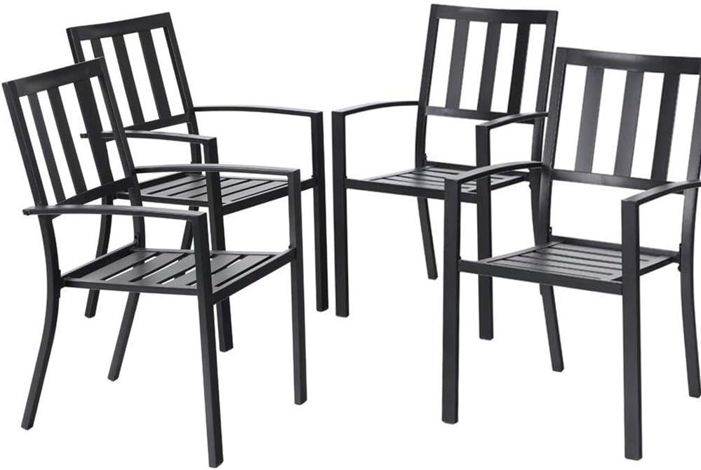 EMERIT Patio Wrought Metal Indoor Outdoor Stackable Dining Arm Chairs Set of 4,Black: Kitchen & Dining