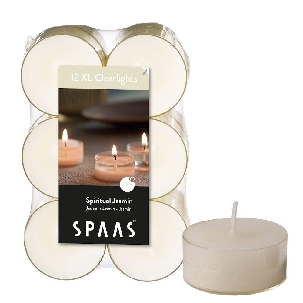 Spaas 12 Maxi Scented Tealights in Transparent Clear Cup, 8 Hours, Spiritual Jasmine, White