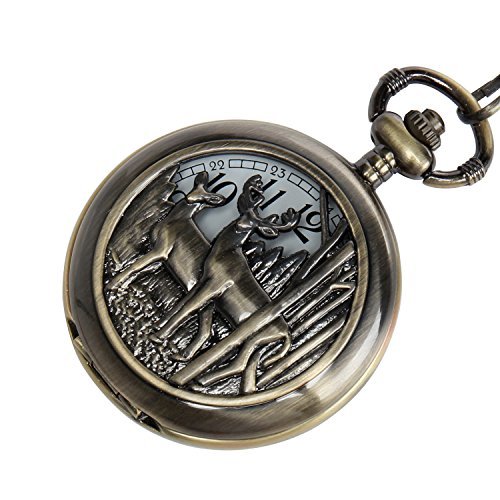 Deer Design Pocket Watch Chain Quartz Movement Arabic Numerals Half Hunter + Box