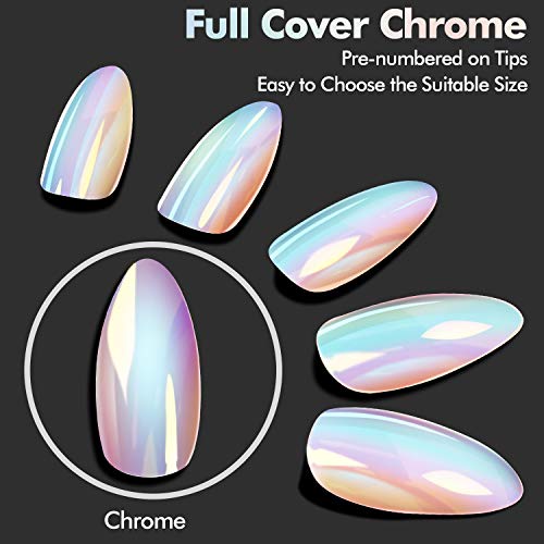 Ejiubas Press On Nails Chrome Stiletto Nail Tips Fake Nails with Nail Glue 24 Pcs 12 Sizes K
